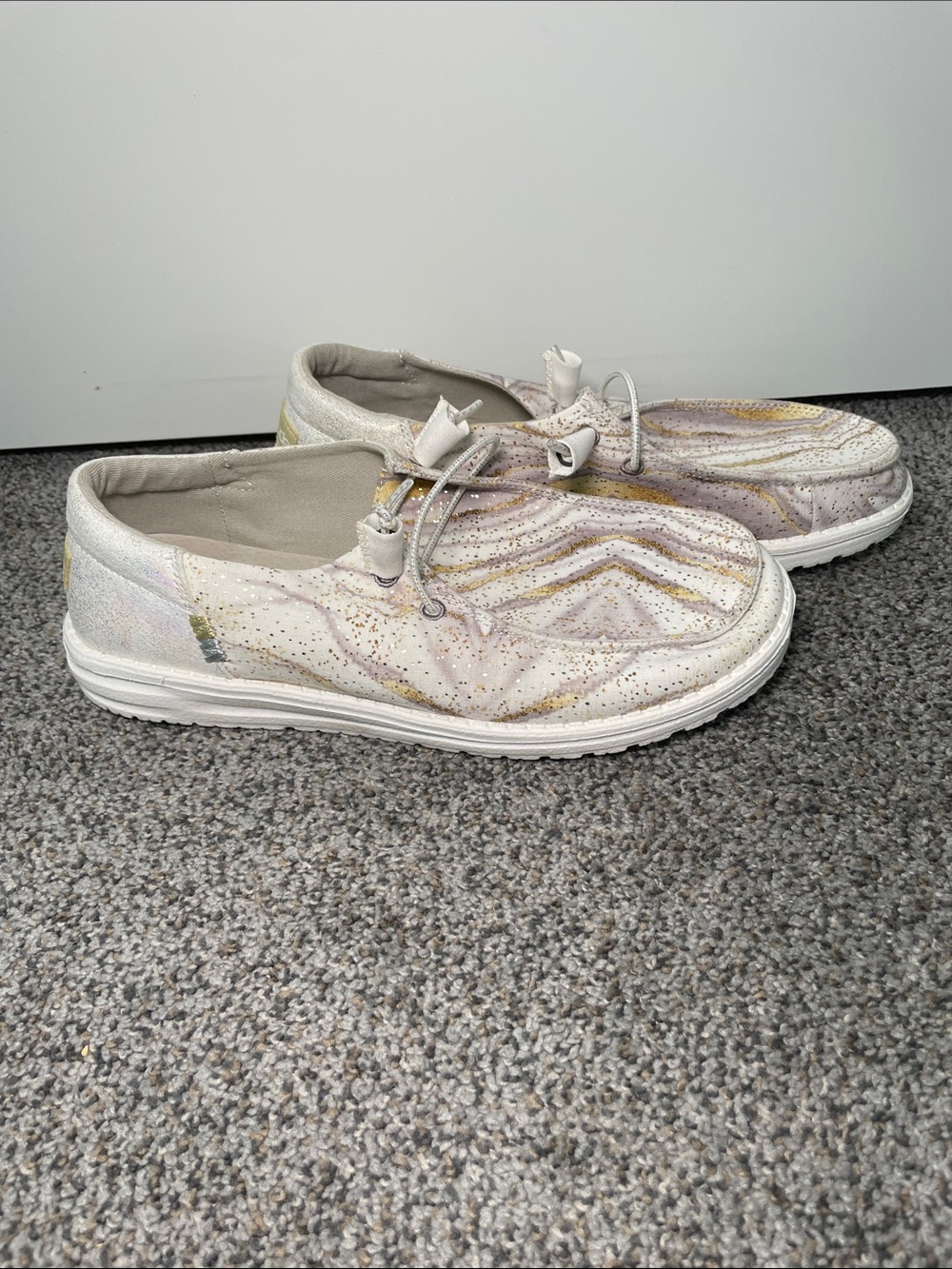 Hey Dude Women's Marble Print Slip-On Flats in White, Gold, and Sliver - Picture 2 of 5